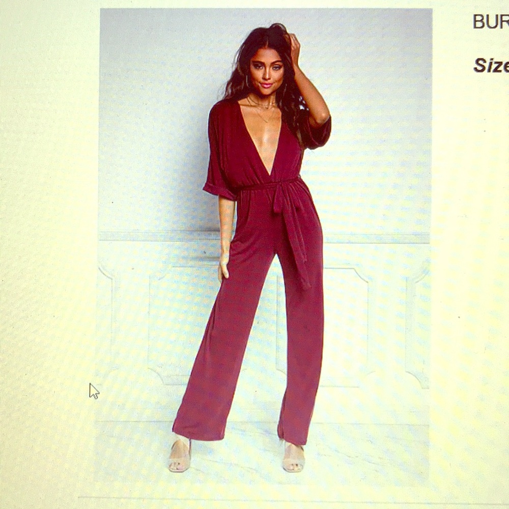 Burgundy plunge faux wrap jumpsuit